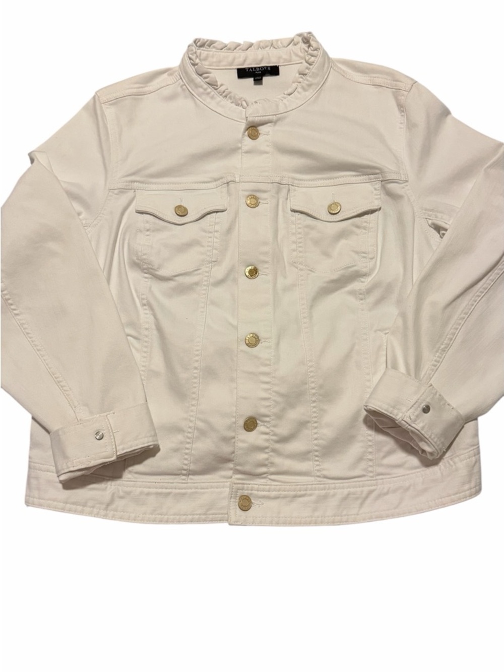 Talbots white feminine Ruffle-Neck Button denim jacket (006)